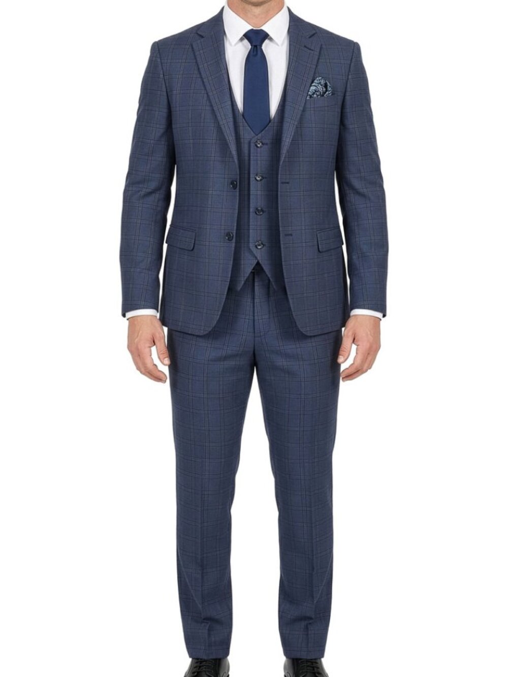 Navy Windowpane Plaid Notch Lapel 3 Piece Men's Suit